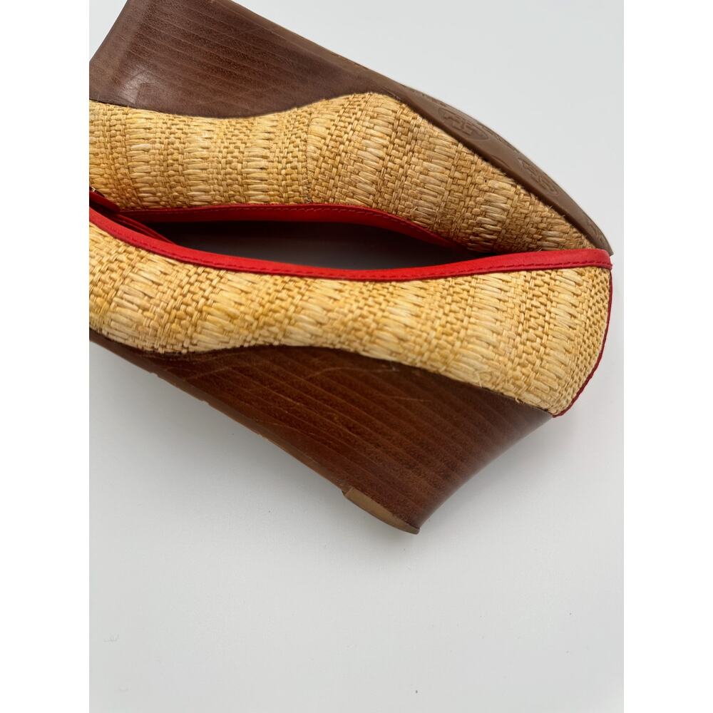 Tory Burch Reva Raffia Wedge Pumps 8M Straw Woven Red Logo Coastal Resort Shoes - Picture 16 of 16